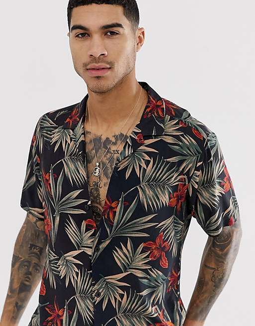 ASOS DESIGN relaxed fit hawaiian floral shirt in black