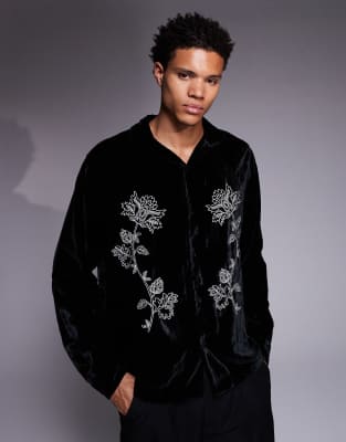 Relaxed-Fit-Hemd aus Samt in Schwarz mit Blumenstickerei Schwarz M