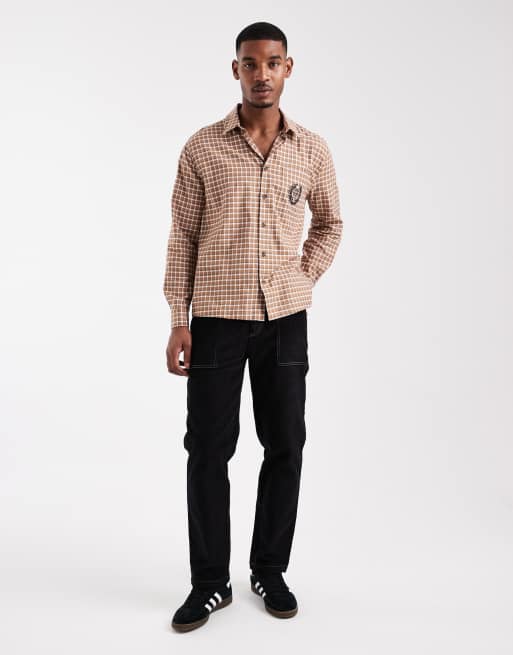 ASOS DESIGN – Relaxed-Fit-Hemd in Braun kariert mit Stickerei auf der Brust, 2 von 5