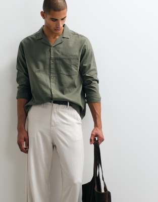 Relaxed-Fit-Hemd in Khaki mit Leinenanteil und Reverskragen-Grün Grün 3XL