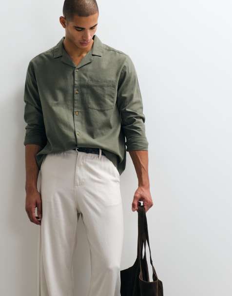 ASOS DESIGN – Relaxed-Fit-Hemd in Khaki mit Leinenanteil und Reverskragen - view 1