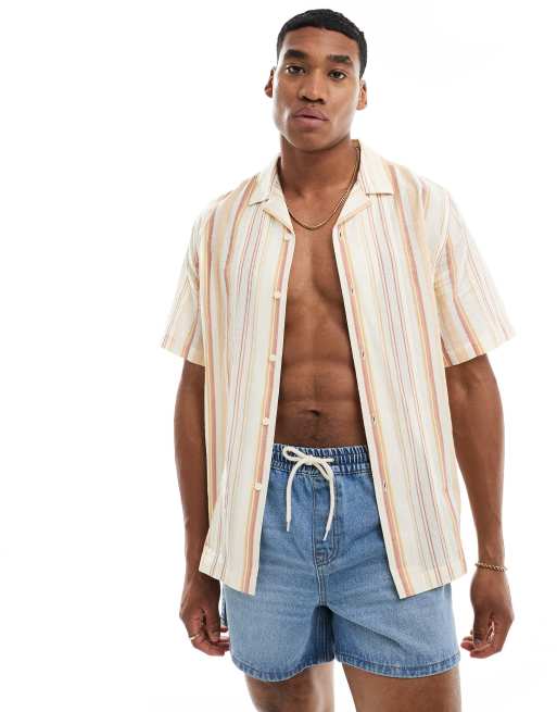 ASOS DESIGN – Relaxed Fit Hemd in Orange und Blau mit Retro-Streifen und Reverskragen