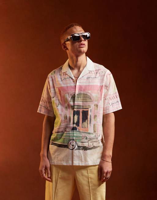 ASOS DESIGN – Relaxed Fit Hemd in Rosa mit Auto-Grafik-Print