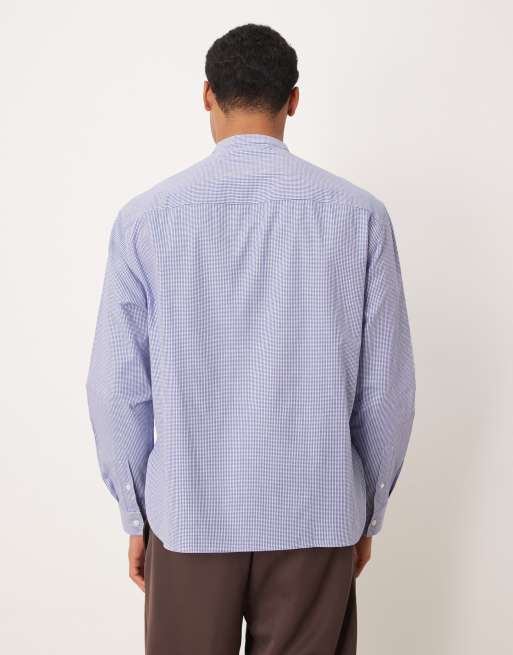 ASOS DESIGN – Relaxed-Fit-Hemd mit Mikrokaromuster in Blau und Grandad-Kragen, 3 von 5
