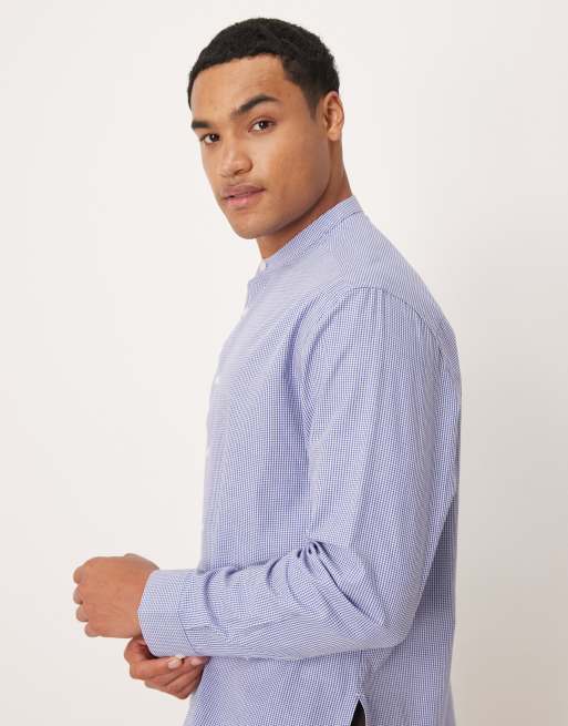 ASOS DESIGN – Relaxed-Fit-Hemd mit Mikrokaromuster in Blau und Grandad-Kragen, 4 von 5