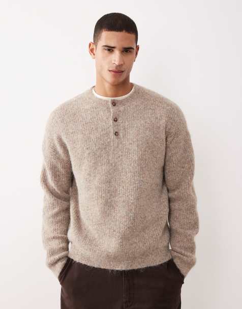 ASOS DESIGN – Relaxed Fit Henley-Strickpullover aus Wollmix in Beige - view 1
