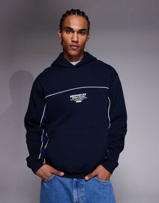 Asos Design Relaxed Fit Hoodie With Piping And Print Detail In Blue