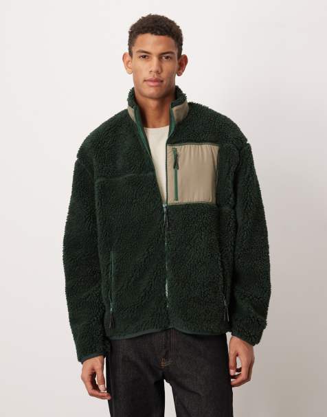 ASOS DESIGN – Relaxed Fit-Jacke aus Teddyfell in Dunkelgrün mit Reißverschluss und Tasche - view 1