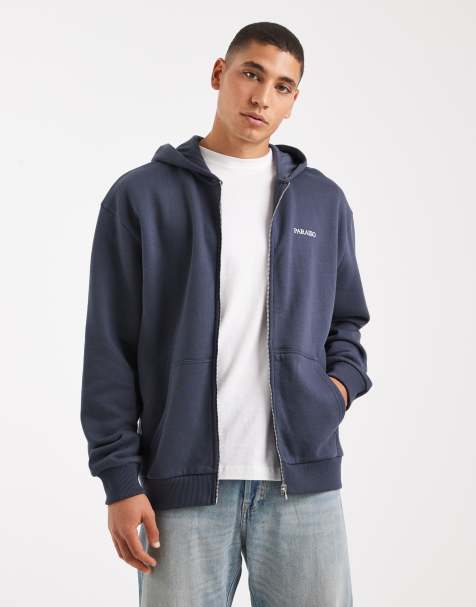 ASOS DESIGN – Relaxed-Fit-Kapuzenjacke in Blau mit Applikationsprint und durchgehendem Reißverschluss - view 1