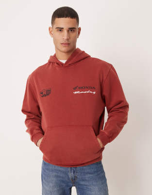 ASOS DESIGN - Relaxed-Fit-Kapuzenpullover in Dunkelrot mit „Honda Racing"-Grafikmotiv