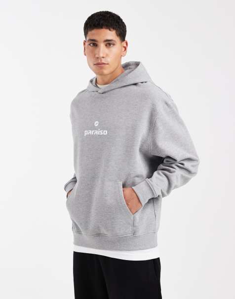 ASOS DESIGN – Relaxed-Fit-Kapuzenpullover in Grau meliert mit Textprint - view 1