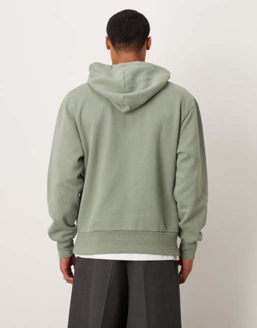 ASOS DESIGN – Relaxed-Fit-Kapuzenpullover in verwaschenem Grün mit gewebtem Etikett-Detail, 3 von 5