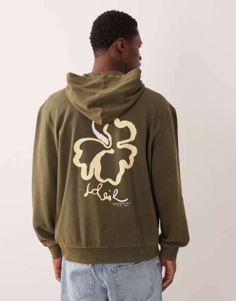 ASOS DESIGN – Relaxed-Fit-Kapuzenpullover in verwaschenem Khaki mit Blumenprint - view 1