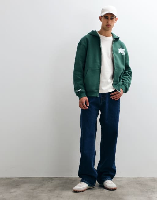 ASOS DESIGN Relaxed-Fit Kapuzenpullover mit durchgehendem Reißverschluss und Print in Grün, 4 von 5