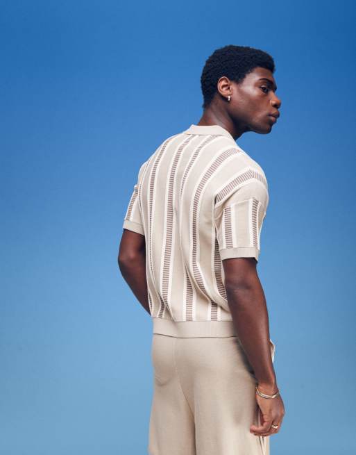 ASOS DESIGN relaxed fit knit button through polo shirt with textured stripe in beige - part of a set 