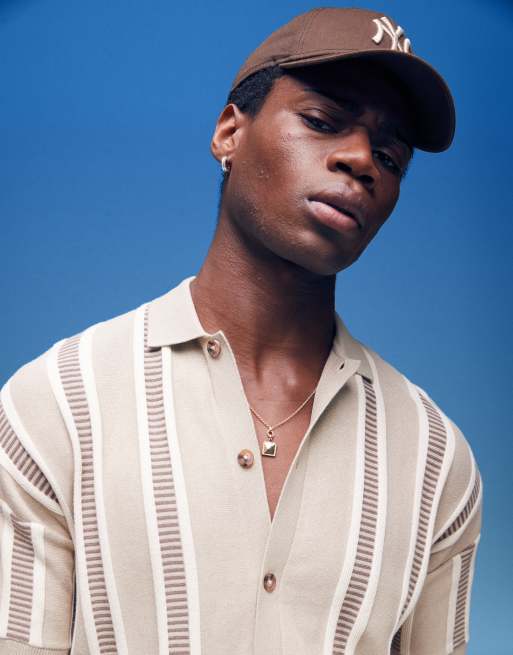ASOS DESIGN relaxed fit knit button through polo shirt with textured stripe in beige - part of a set 
