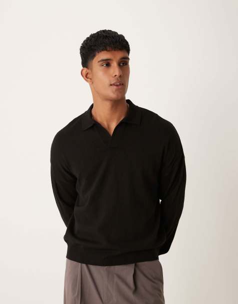 ASOS DESIGN relaxed fit knit long sleeve notch neck polo in black - view 1