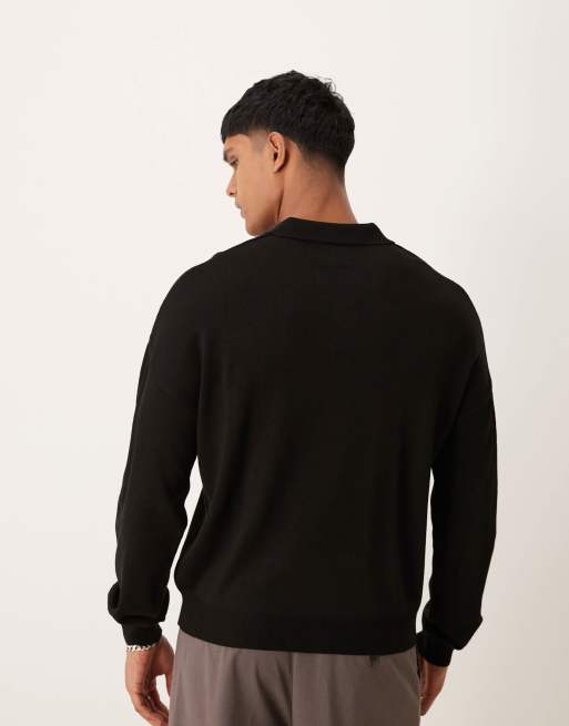 ASOS DESIGN relaxed boxy fit knitted long sleeve notch neck polo in black