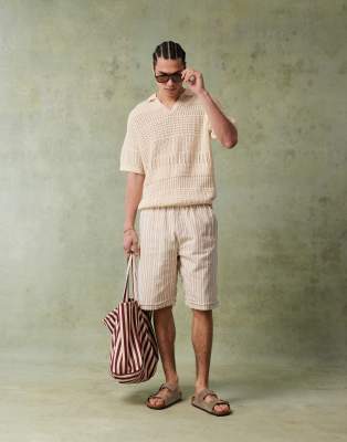 Asos Design Relaxed Fit Knit Notch Neck Polo With Crochet Pattern In Neutral