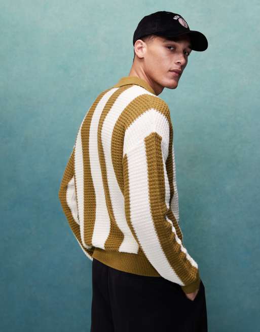 ASOS DESIGN relaxed boxy fit knit polo sweater in khaki stripe