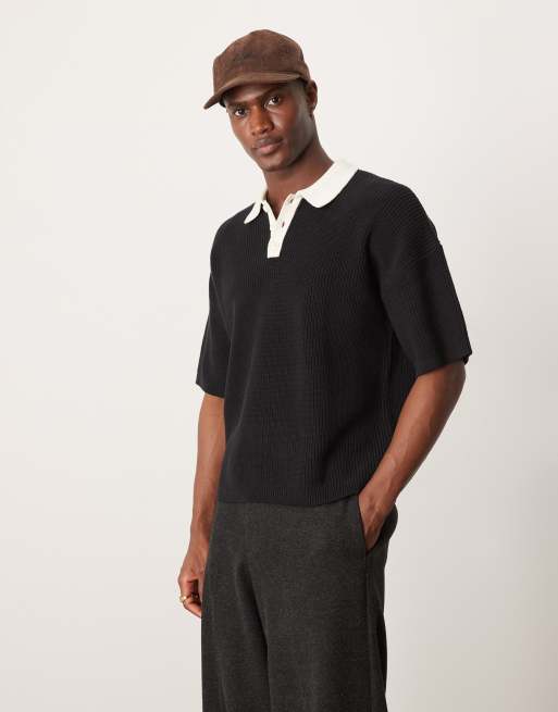 ASOS DESIGN relaxed fit knitted polo with 3/4 length sleeves in black , 2 of 4