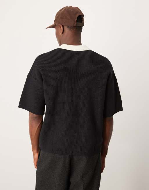 ASOS DESIGN relaxed fit knitted polo with 3/4 length sleeves in black , 4 of 4