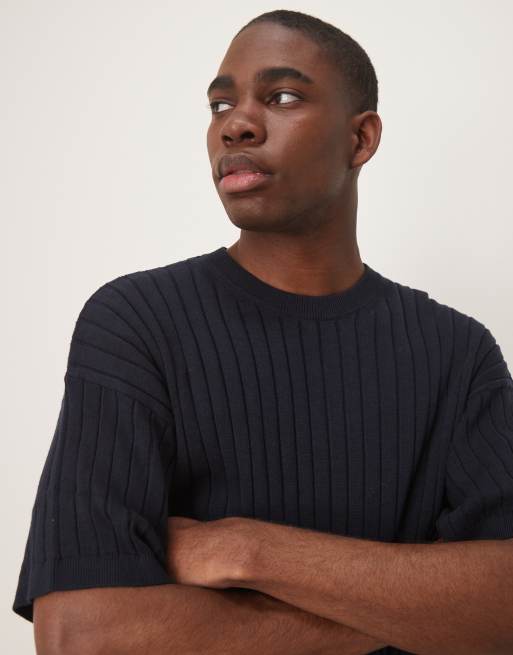 ASOS DESIGN relaxed  fit knitted rib t-shirt in navy 