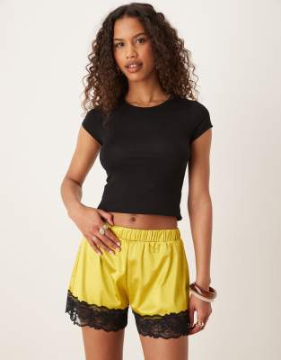 Asos Design Relaxed Fit Lace Trim Stretchy Satin Shorts In Black