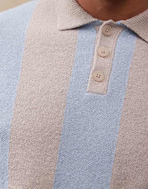 ASOS DESIGN relaxed boxy fit lightweight textured knit polo in stone stripe