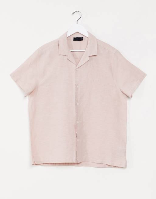 ASOS DESIGN relaxed fit linen shirt with revere collar in pink
