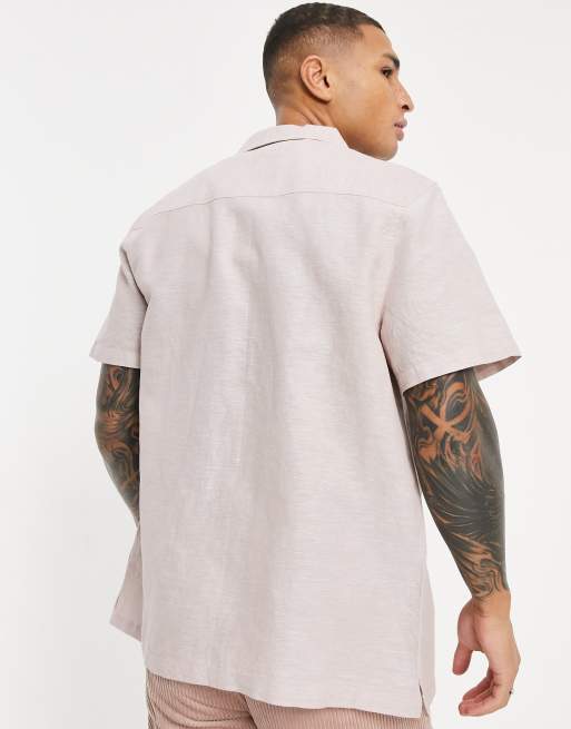 ASOS DESIGN relaxed fit linen shirt with revere collar in pink, 2 of 4