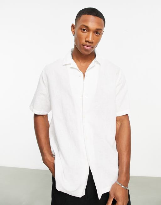 ASOS DESIGN relaxed fit linen shirt with revere collar in white