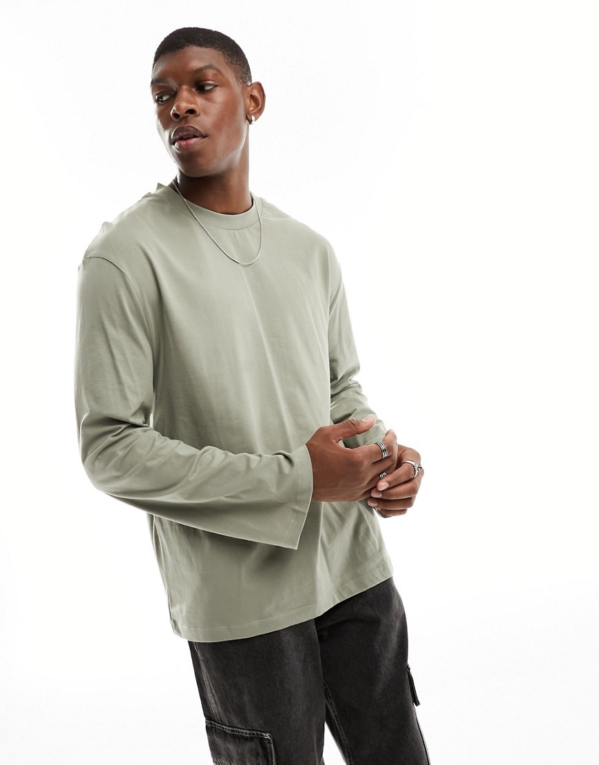 ASOS DESIGN relaxed fit long sleeve t-shirt in washed khaki-Green