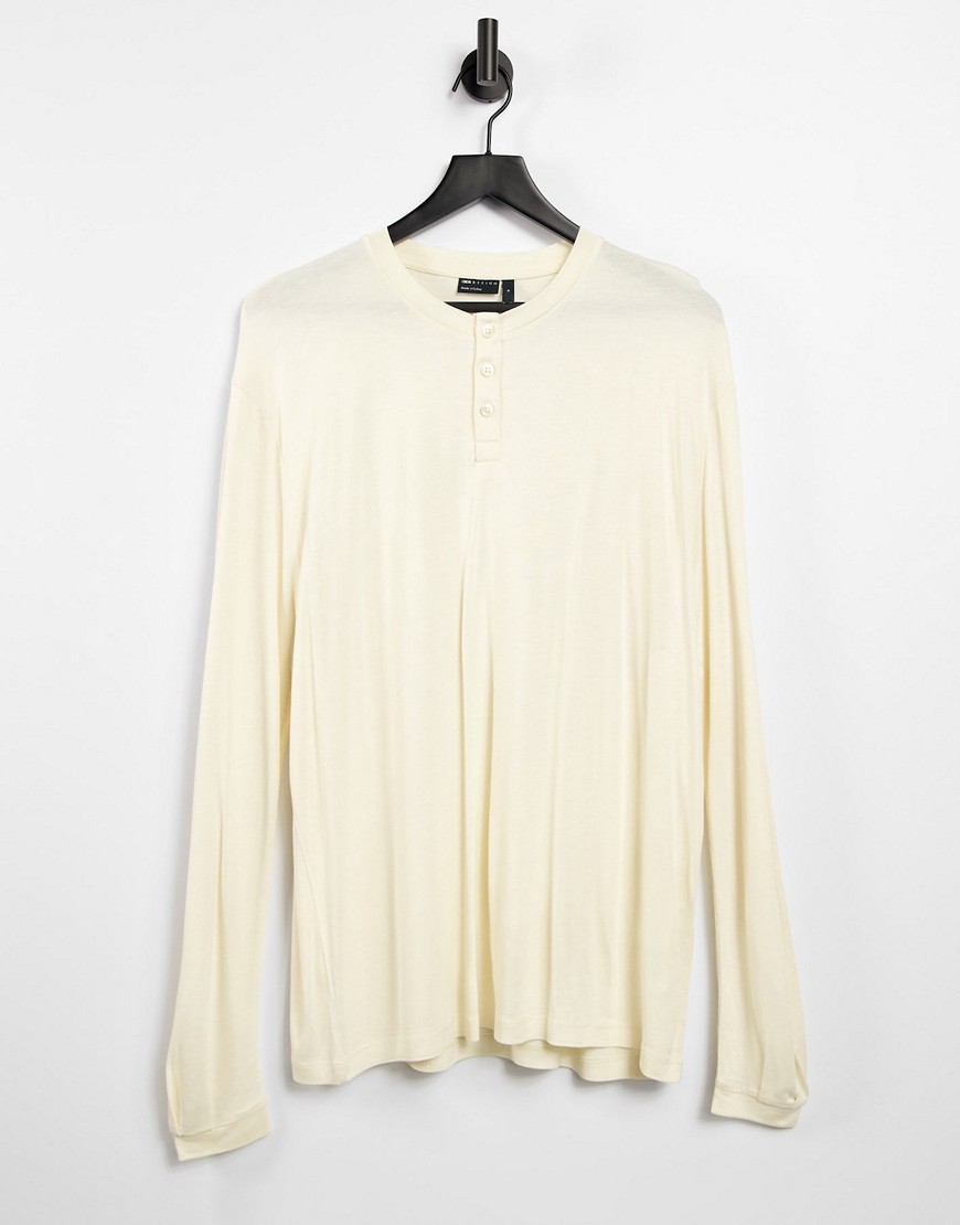 ASOS DESIGN relaxed fit long sleeve viscose grandad T-shirt in beige-Neutral