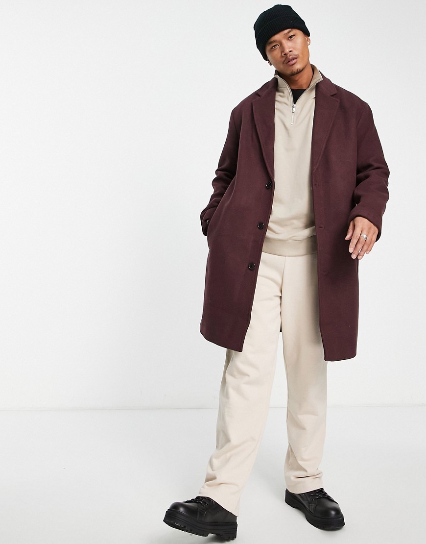ASOS DESIGN relaxed fit longline wool mix overcoat in burgundy-Red