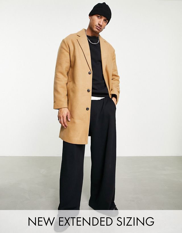 ASOS DESIGN relaxed fit longline wool mix overcoat in camel