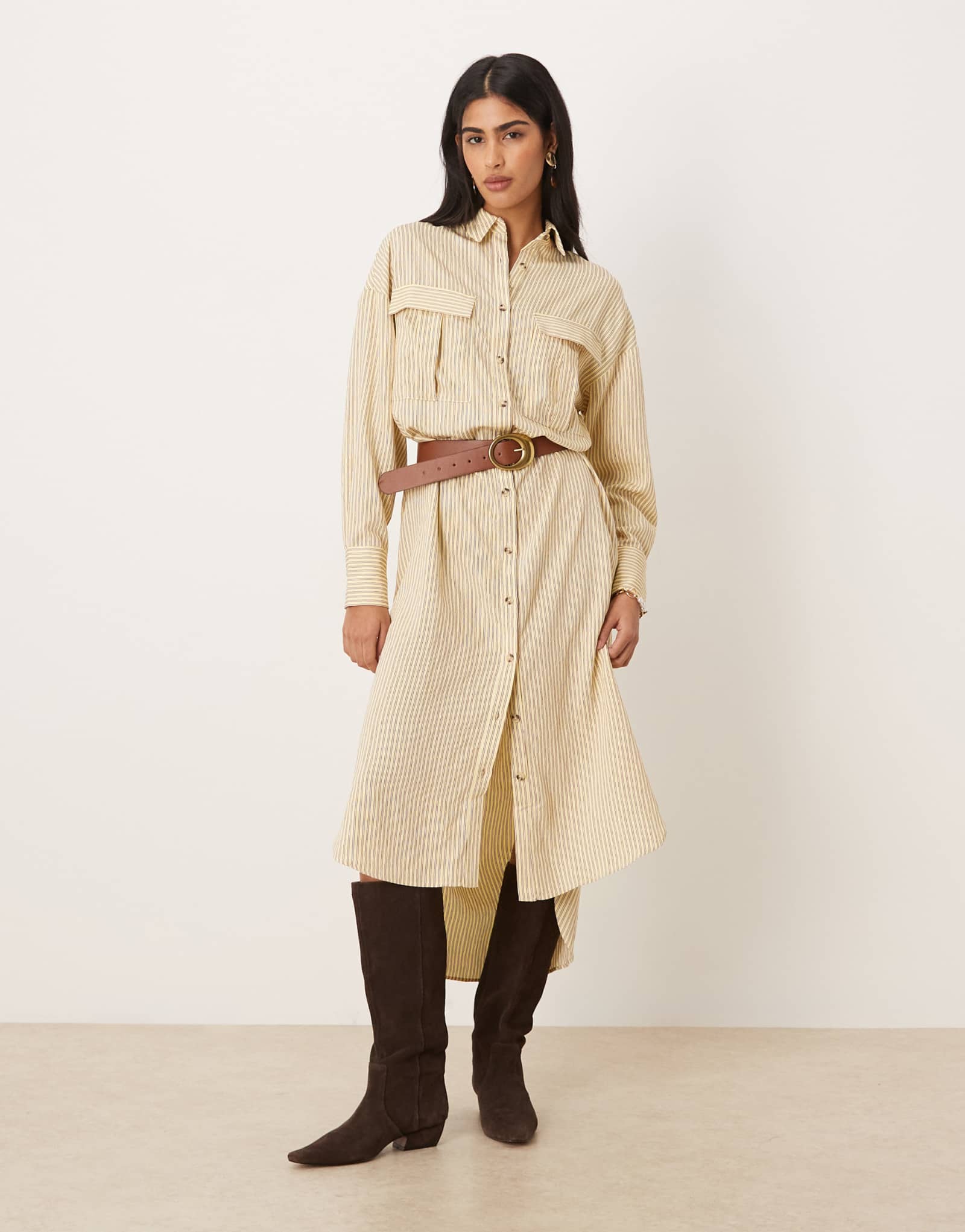 Макси-платье-рубашка свободного кроя от ASOS DESIGN с карманами в бледно-желтую полоску в тонкую полоску