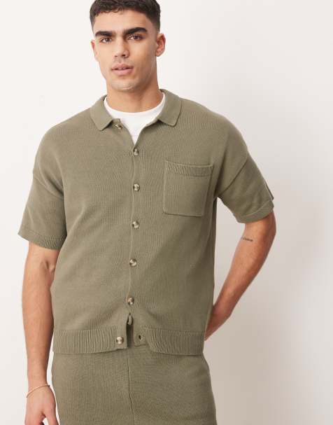 ASOS DESIGN relaxed fit mid-weight knit cotton button through polo in khaki - view 1