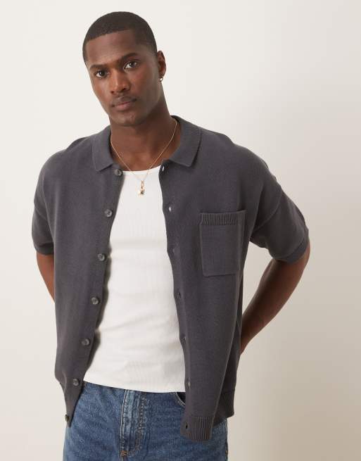 ASOS DESIGN relaxed  fit midweight knitted cotton button through polo in charcoal grey 