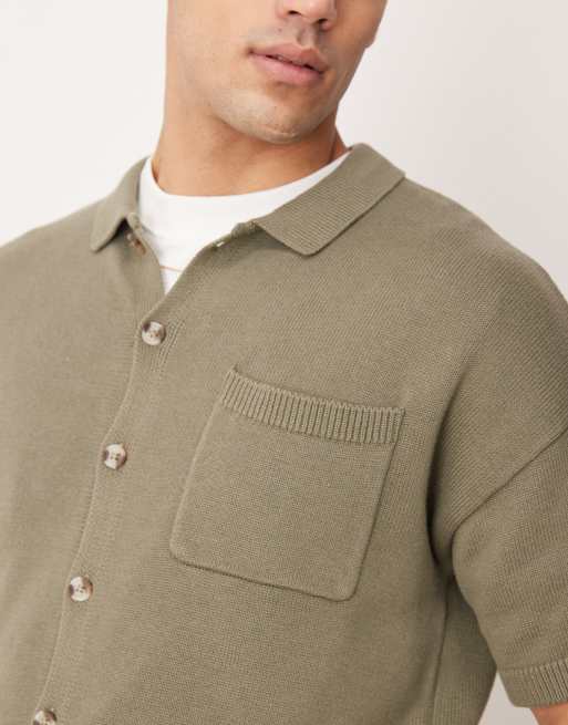 ASOS DESIGN relaxed fit midweight knitted cotton button through polo in khaki , 3 of 4