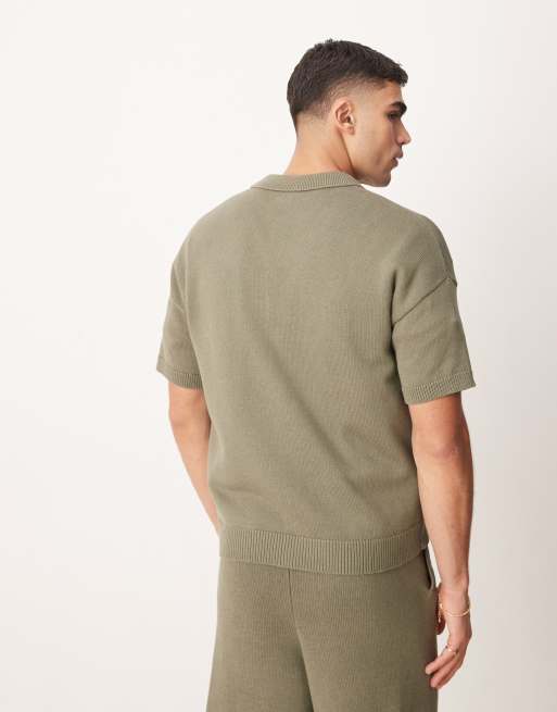 ASOS DESIGN relaxed fit midweight knitted cotton button through polo in khaki , 4 of 4