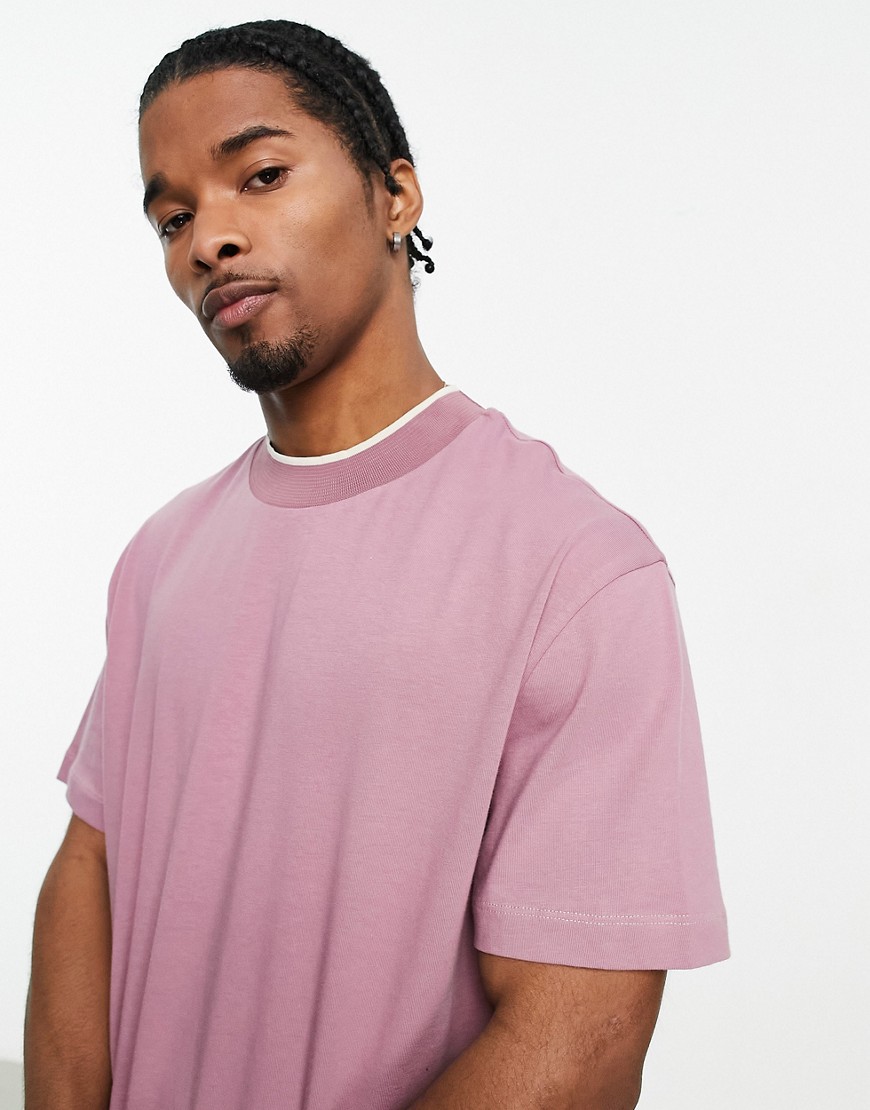 ASOS DESIGN relaxed fit mock neck t-shirt in pink with contrast tipping