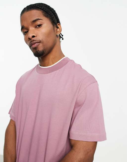 ASOS DESIGN relaxed fit mock neck t-shirt in pink with contrast tipping