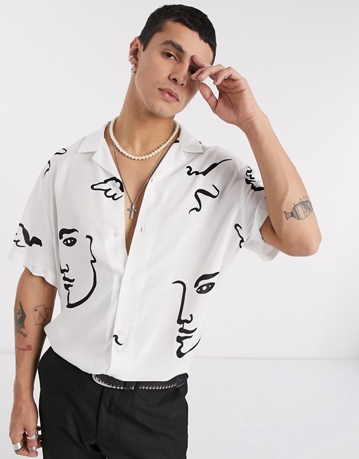 ASOS DESIGN relaxed fit mono face print shirt in viscose