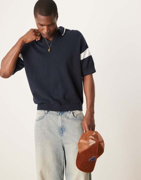 ASOS DESIGN relaxed  fit notch neck polo with sleeve panel in navy - view 1
