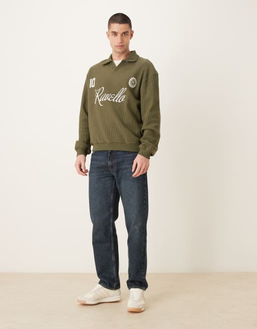 ASOS DESIGN relaxed fit notch polo neck ribbed sweatshirt with chest print in green, 2 of 5