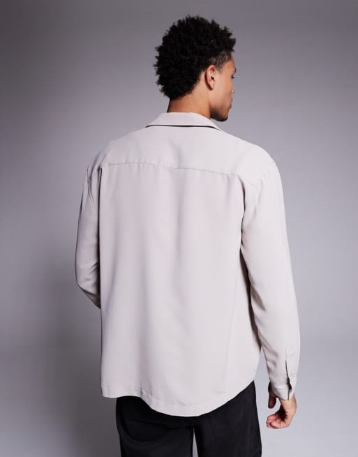 ASOS DESIGN relaxed fit open neck satin shirt in beige, 3 of 5