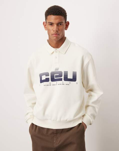ASOS DESIGN relaxed fit polo sweatshirt with print in cream - view 1