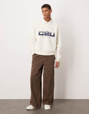 Asos Design Relaxed Fit Polo Sweatshirt With Print In White