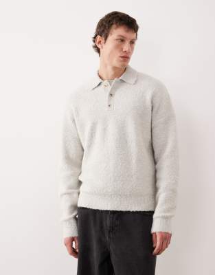 Relaxed-Fit-Polohemd aus Bouclé-Strick in Grau Grau 2XL